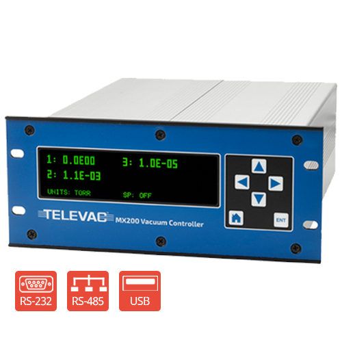 Full range customizable Televac® MX200 vacuum controller with RS-232, RS-485, and USB digital communications.