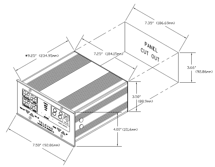 Dimensional Drawing of the Televac® MC300 Vacuum Controller