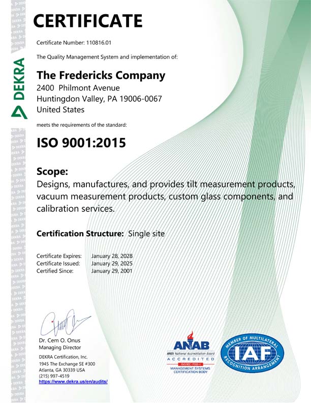 ISO 9001:2015 Certificate for The Fredericks Company